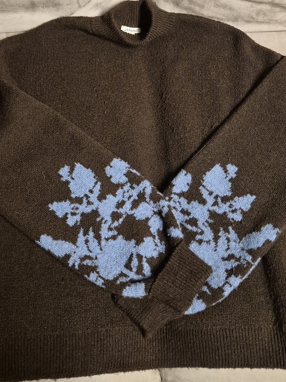 a.n.a Brown Crewneck Sweater with Blue Floral Sleeve Detail